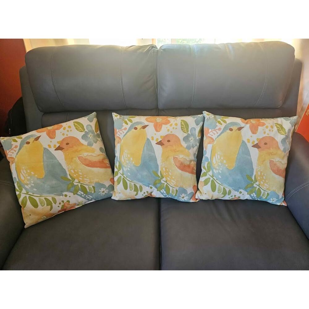 3 Bird Throw Pillows Like New reversible yellow blue geometric pattern